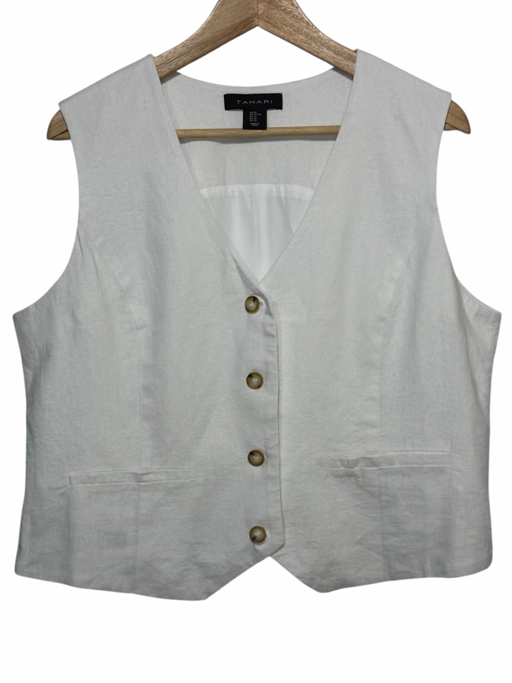Tahari White Linen Blend Sleeveless Button-Front Vest V Neck Women Sz XL Coastal